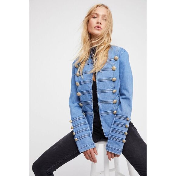Free People Jackets & Blazers - Free People Fitted Military Nautical Embellished Sleeves Jacket XS Denim